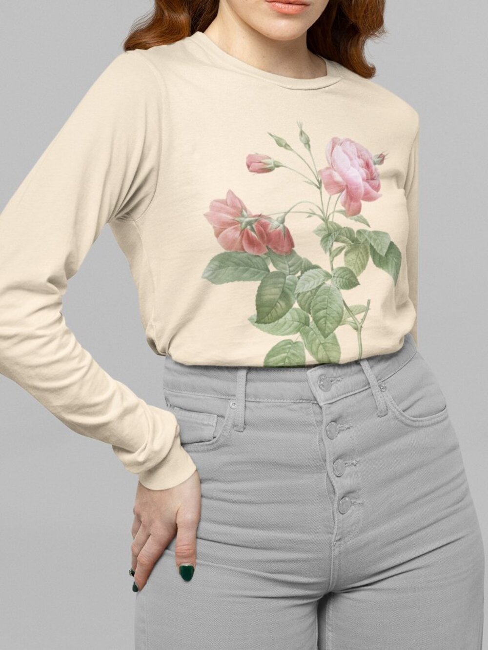 Boursault Rose Vintage Floral Print Long Sleeve Graphic Tee T-shirt S-XXL